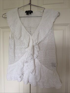 Lauren Ralph Lauren White Ruffle-Front open Knit Sleeveless Camisole size Large
